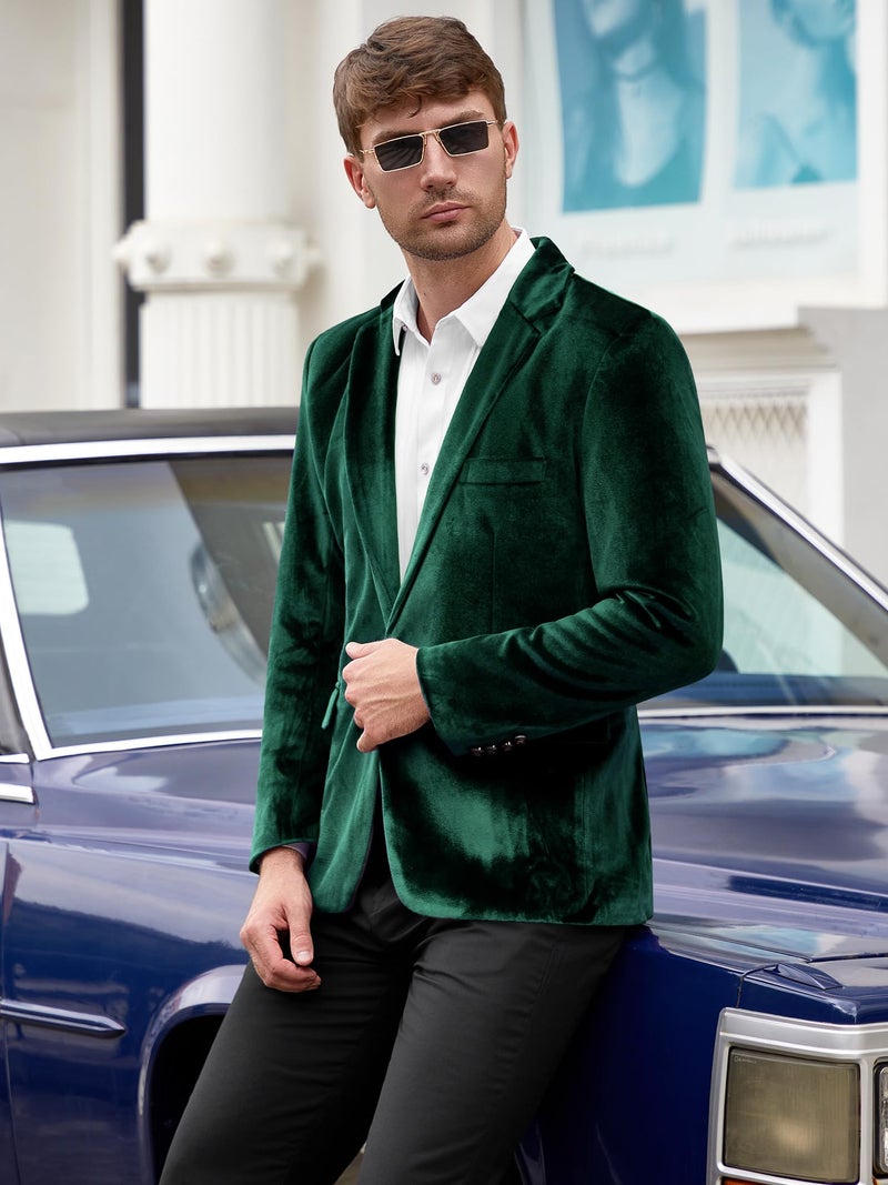 WEEN CHARM Velvet Blazer for Men Slim Fit One Button Sport Coat Tuxedo Jacket for Prom Wedding Party Dinner Green - Image 3